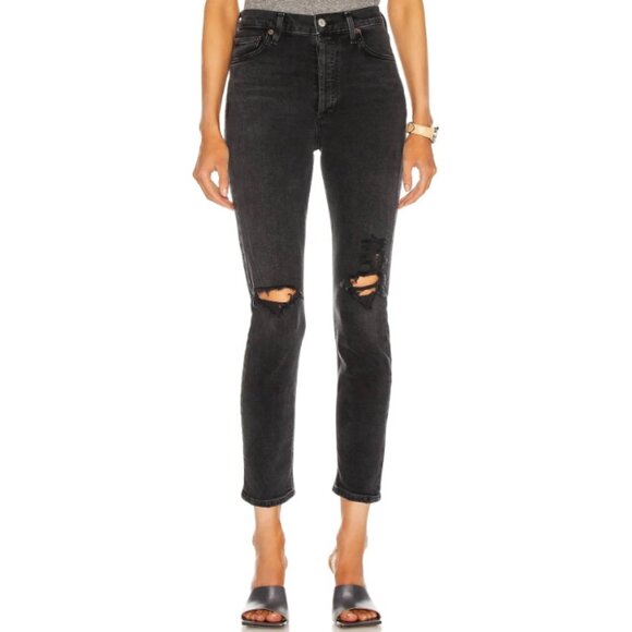 Agolde Nico High Rise Distressed Skinny Jeans Charcoal Black Size 27 - Picture 1 of 5